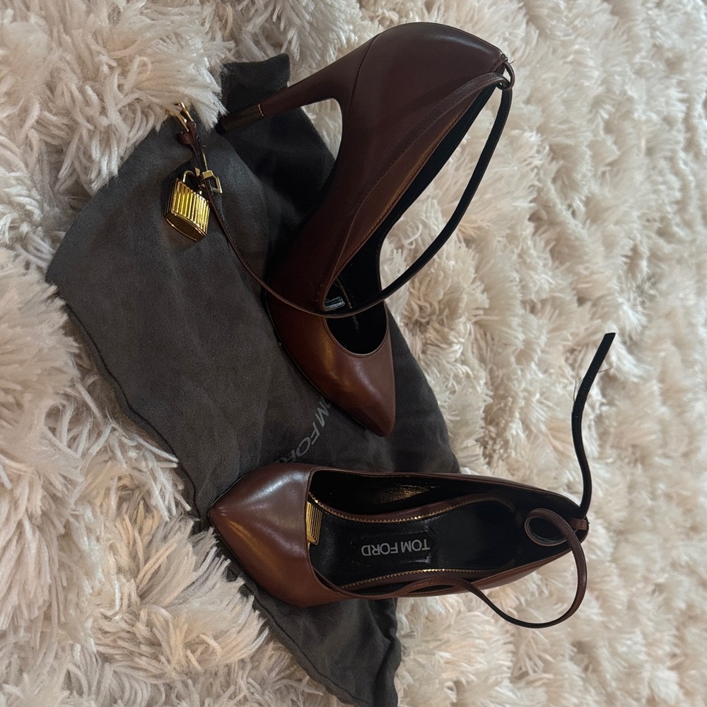 Tom Ford Dark Brown Leather Pointed Stiletto Heels with Gold Padlock
